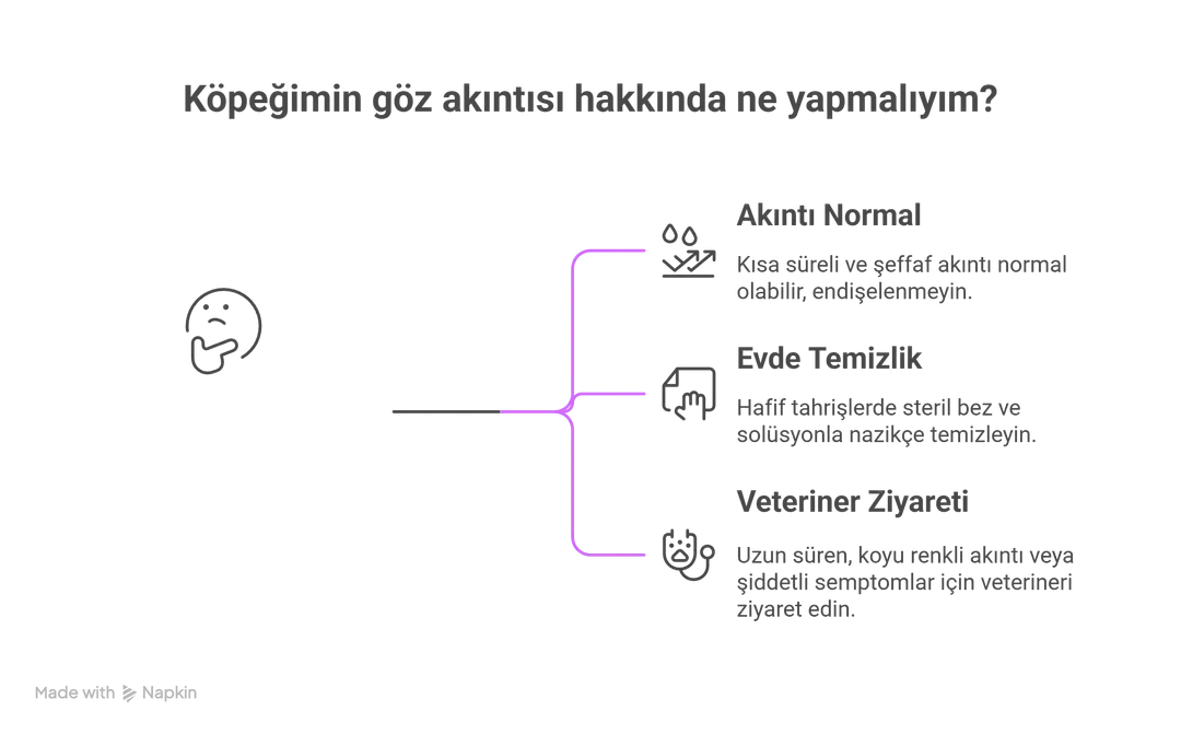 Köpeklerde göz akıntısı için evde bakım ve veteriner ziyaretini gösteren infografik.