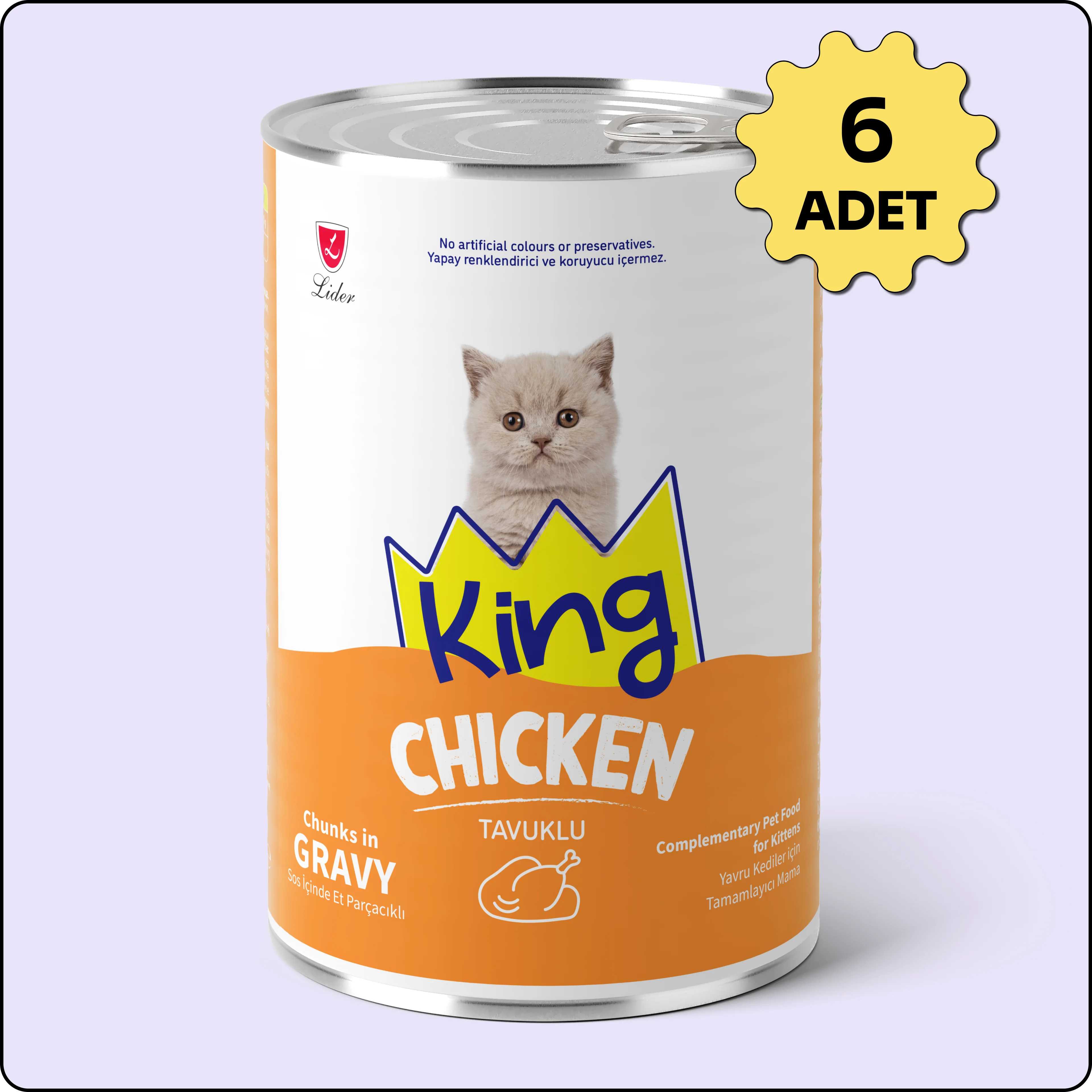 King Sos İçerisinde Et Parçacıklı Tavuklu Yavru Kedi Konservesi 400 gr 6 Adet