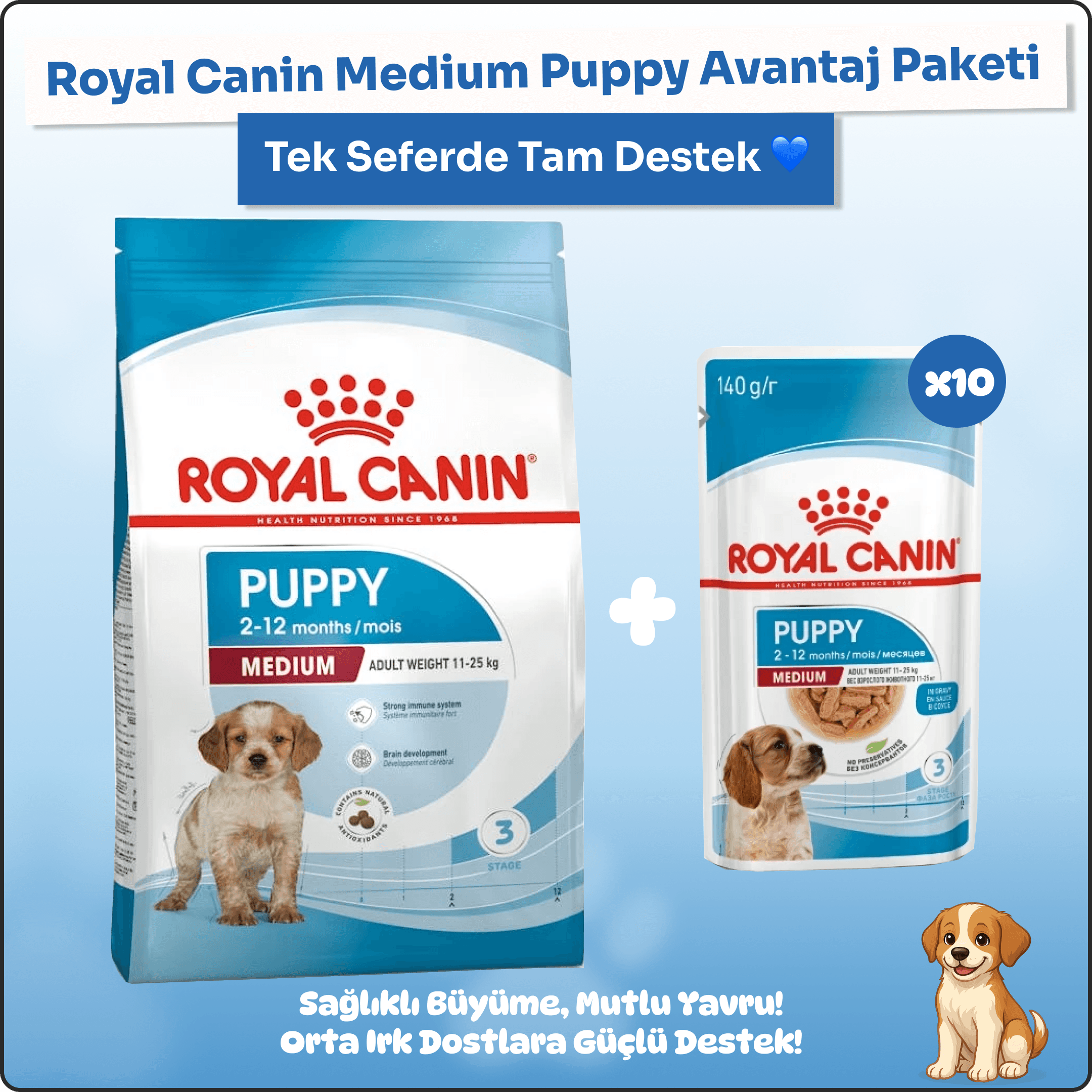 Royal Canin Medium Puppy 15 kg + 10'lu Yaş Mama Avantaj Paketi