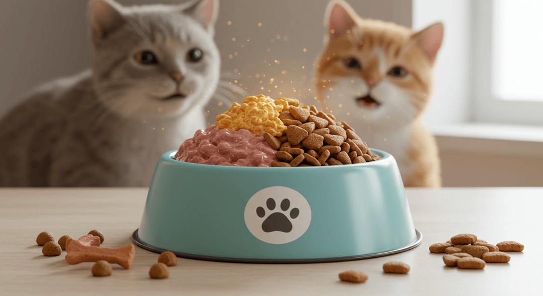 Sağlıklı bir kedi kasesi, ıslak ve kuru mamanın karışımıyla dolu. Islak mama yumuşak ve nemli, kuru mama ise çıtır ve gevrek görünüyor. Kase temiz bir yüzeye yerleştirilmiş, etrafında her iki mama türünden birkaç parça dağılmış. Ortam sıcak ve davetkar, yumuşak ışıklar iki mama türü arasındaki dengeyi vurguluyor. Arka planda mutlu bir kedi, dengeli bir diyeti vurgulayarak yemeğini keyifle yiyor.