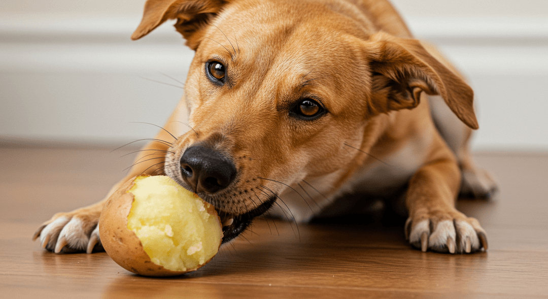 Sağlıklı bir köpek, sade patates yerken. Köpek mutlu ve doğal besinini keyifle yiyor. Görüntü, dengeli bir diyeti simgeleyen temiz ve doğal bir ortamda patates yediği anı yakalar.