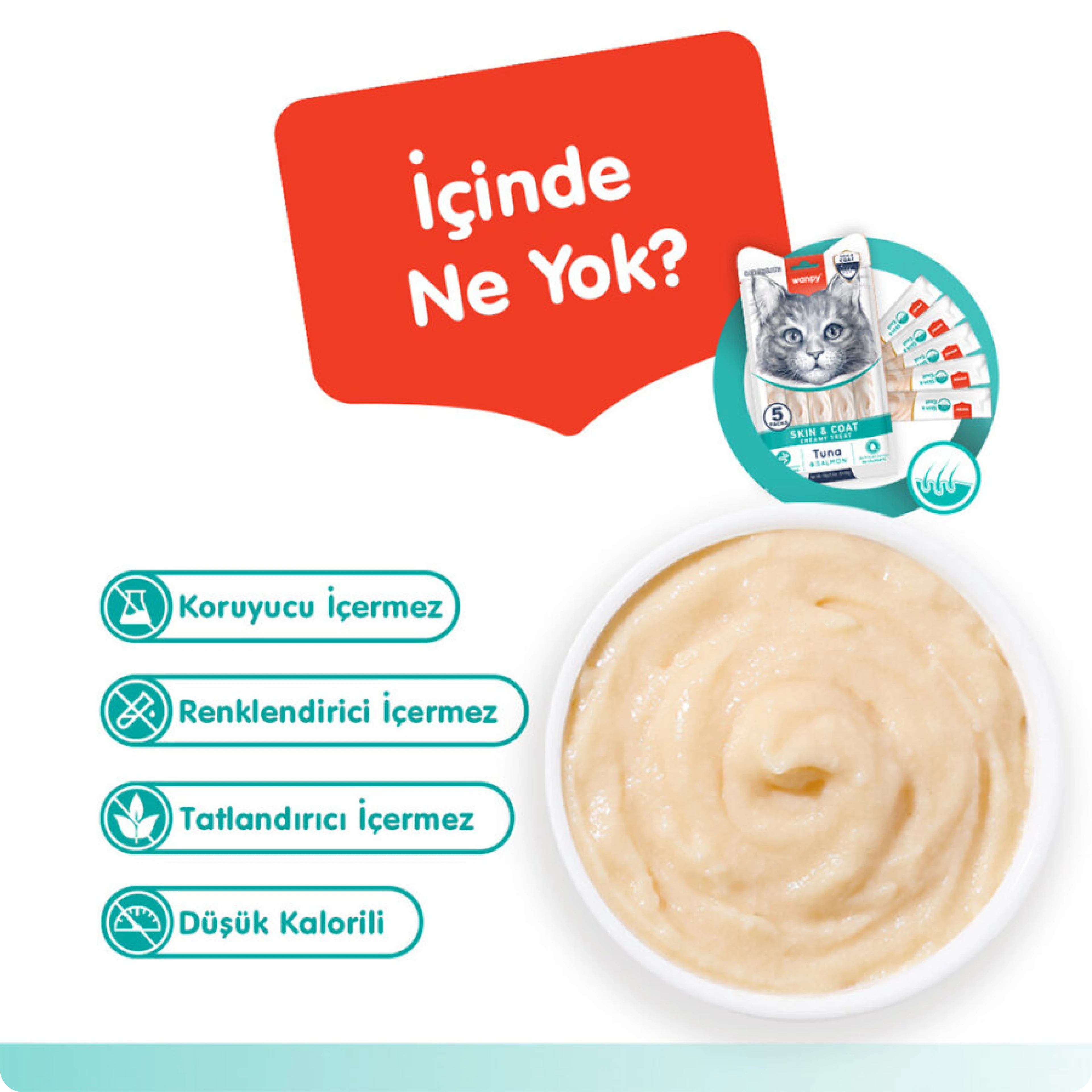 Wanpy Skin&Coat Ton Balıklı ve Somonlu Tüy Sağlığı Destekleyici Krema Kedi Ödül Maması 14 gr (5'li)