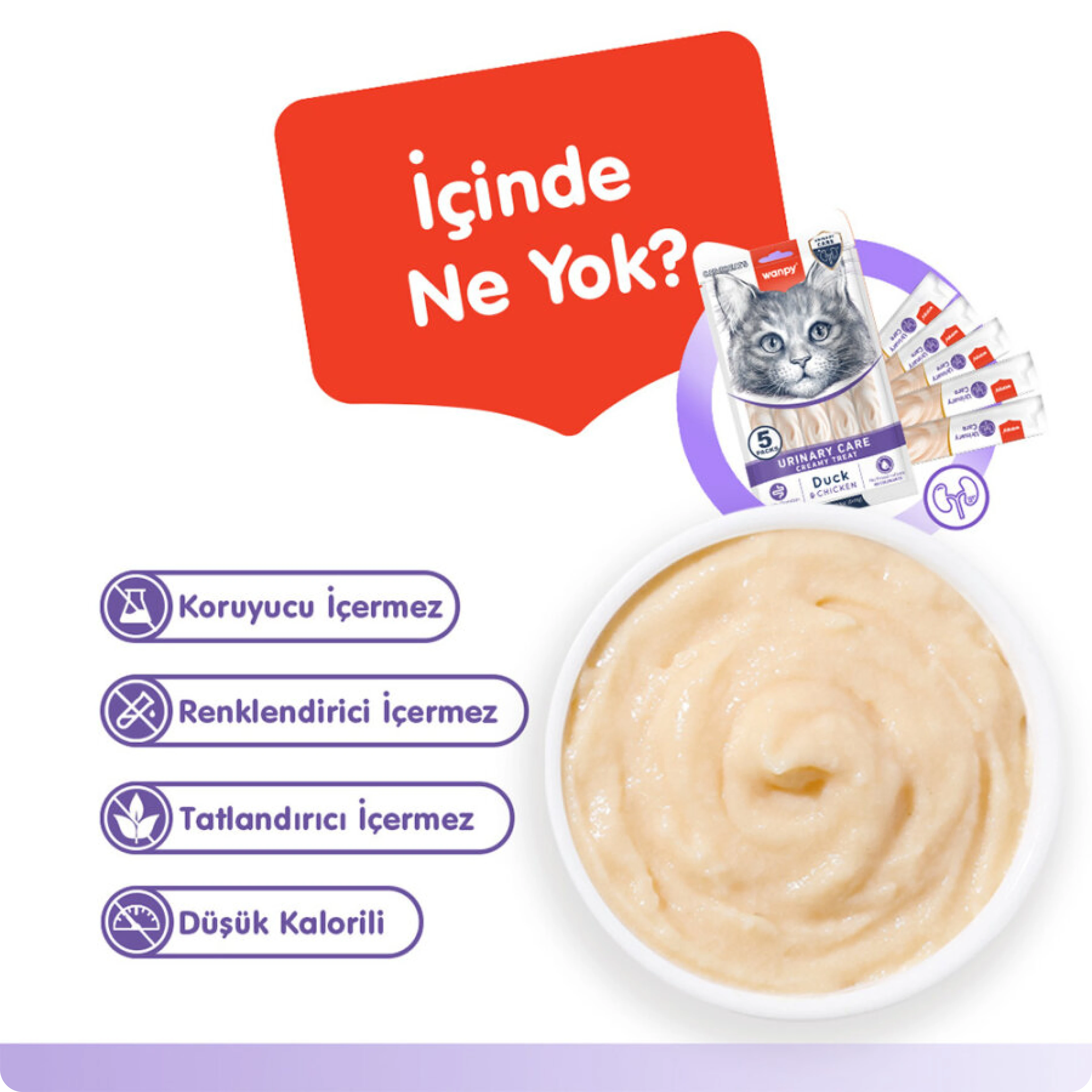 Wanpy Urinary Care Ördekli ve Tavuklu Üriner Sistem Desteği Krema Kedi Ödül Maması 14 gr (5'li)