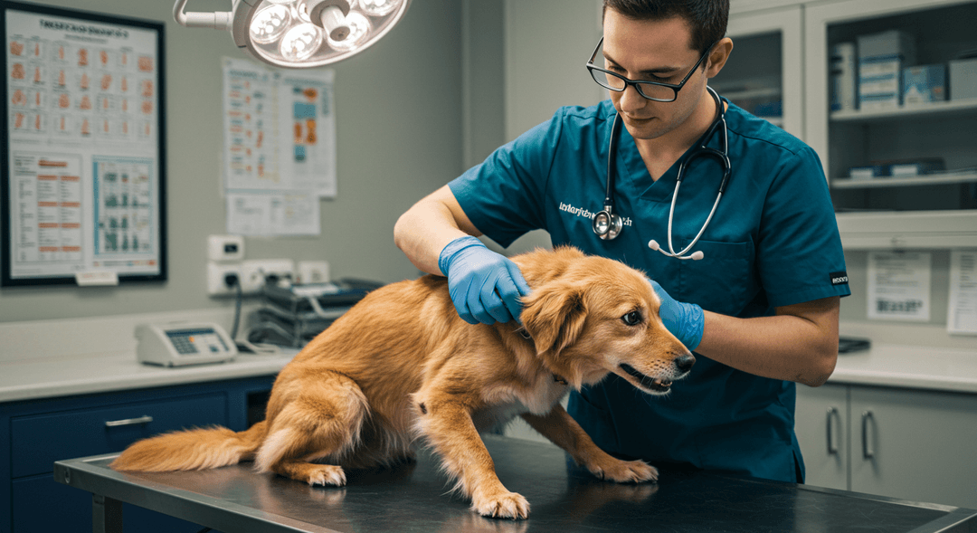 Veteriner hekim, tüy dökülmesi olan bölgeleri dikkatle inceleyerek bir köpeği muayene ediyor. Klinik ortamı temiz ve profesyonel görünüyor.