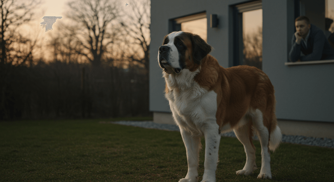 Düşünceli bir şekilde uzaklara bakan heybetli bir Saint Bernard köpeği, modern bir evin önünde duruyor. Pencereden bakan sahibi, bu sadık devin yaşam tarzına uygun olup olmadığını sorguluyor.