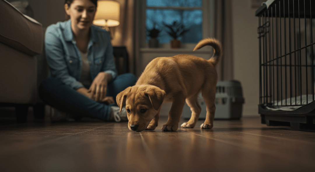 Bir köpek yavrusu yeni ortamında özgürce dolaşırken, sahibi uzaktan onu izleyerek baskı yapmadan rahatlamasına izin veriyor.