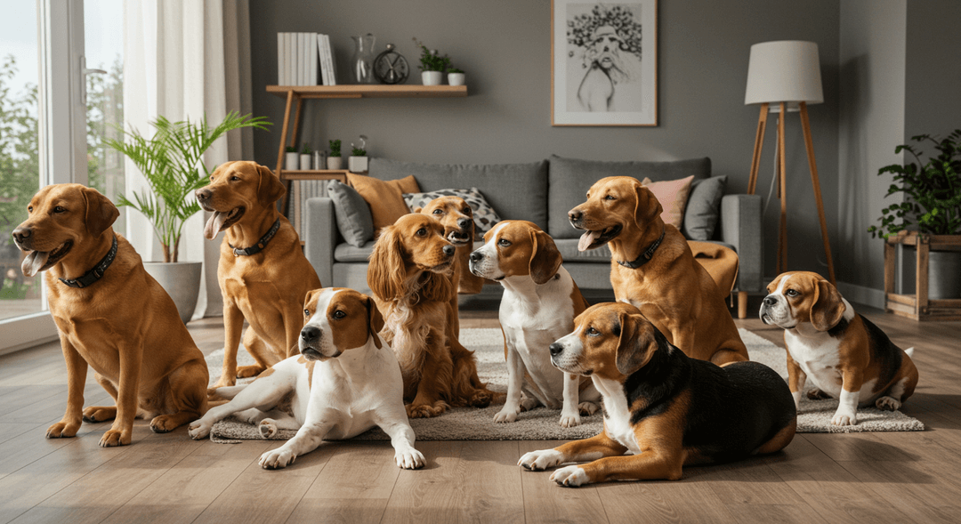 10–25 kg aralığında, farklı popüler orta ırk köpeklerin ev ortamında bir arada huzur içinde oturduğu veya oynadığı görsel.