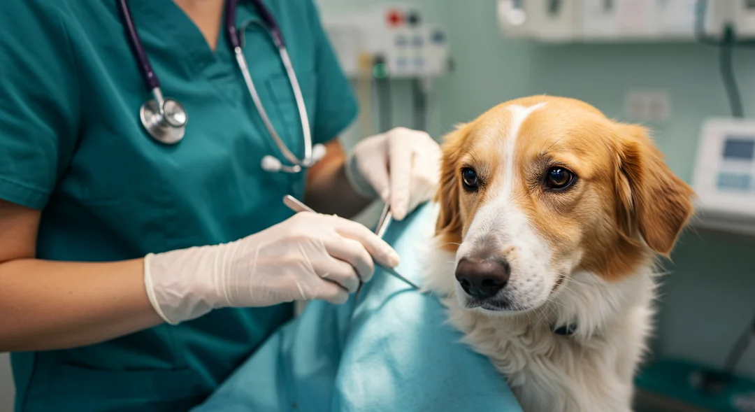 Kısırlaştırma işlemi yapılan sakin bir köpek ve veterinerin cerrahi müdahalesi.