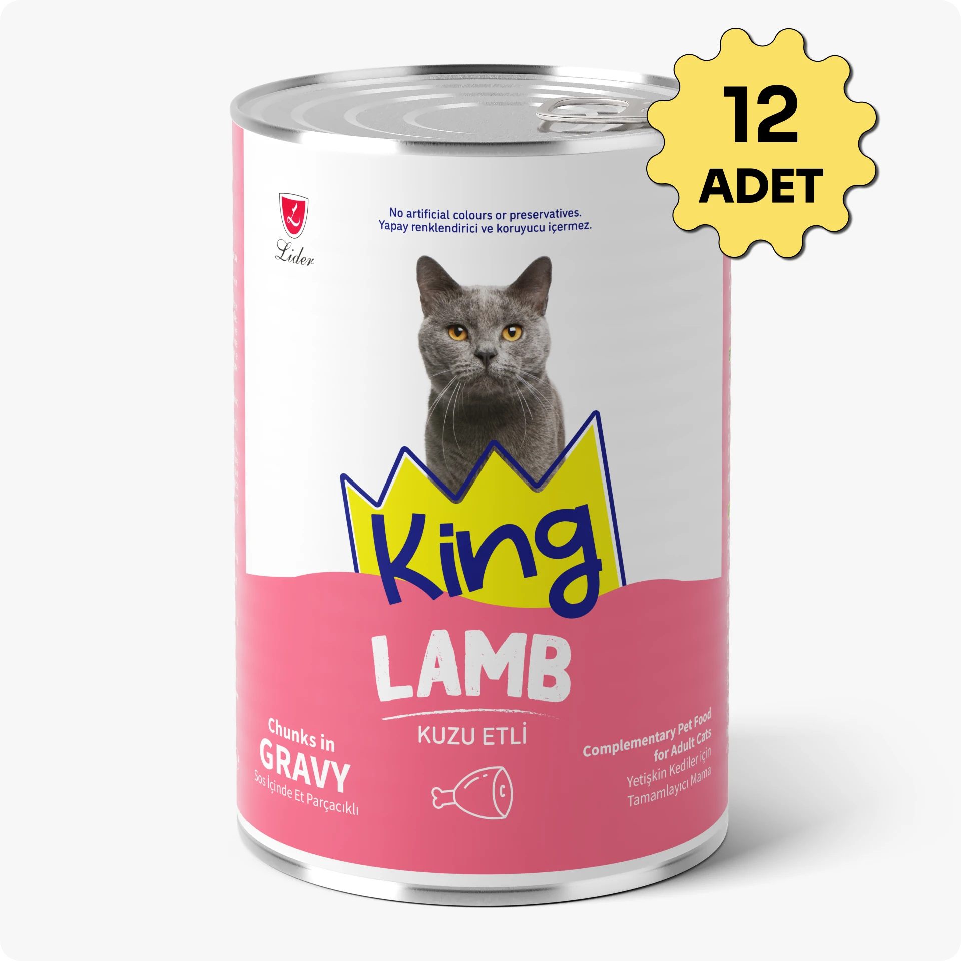 King Sos İçerisinde Et Parçacıklı Kuzu Etli Kedi Konservesi 400 gr 12 Adet