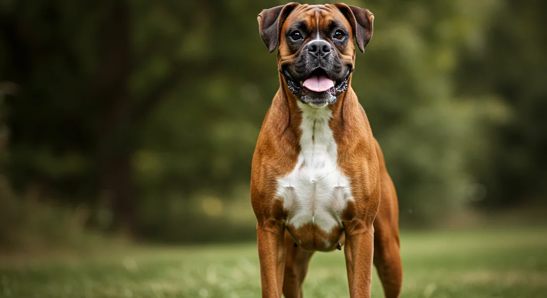Kaslı ve enerjik Boxer köpeği, kısa ve parlak tüyleriyle gururla duruyor