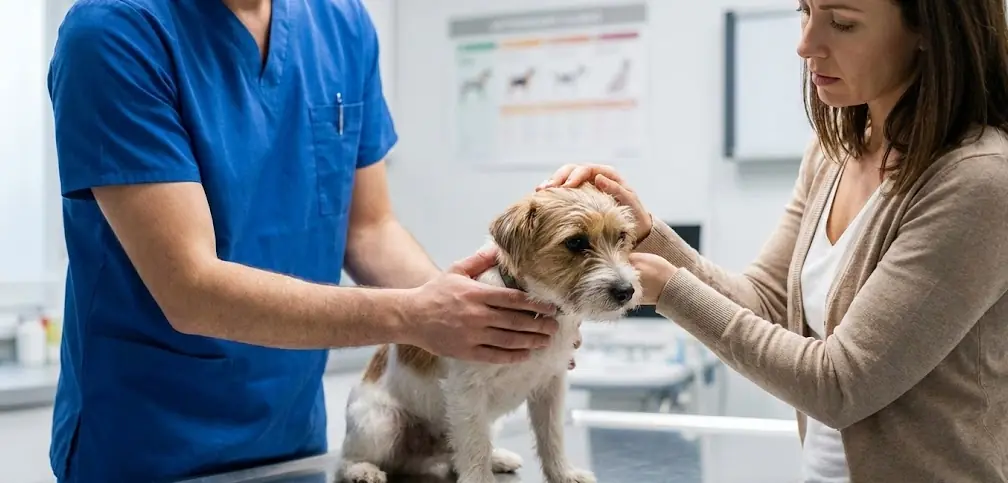 Veteriner hekim tarafından muayene edilen köpek, köpeklerde titremenin tıbbi nedenlerinin değerlendirilmesi