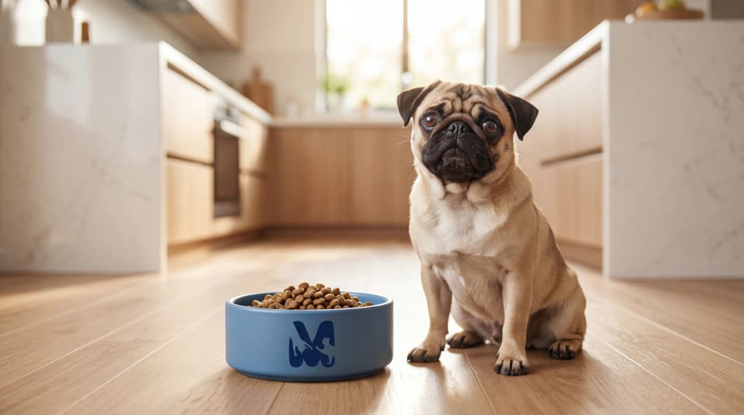 Pug köpek maması seçimi için mama kasesinin yanında oturan sevimli pug