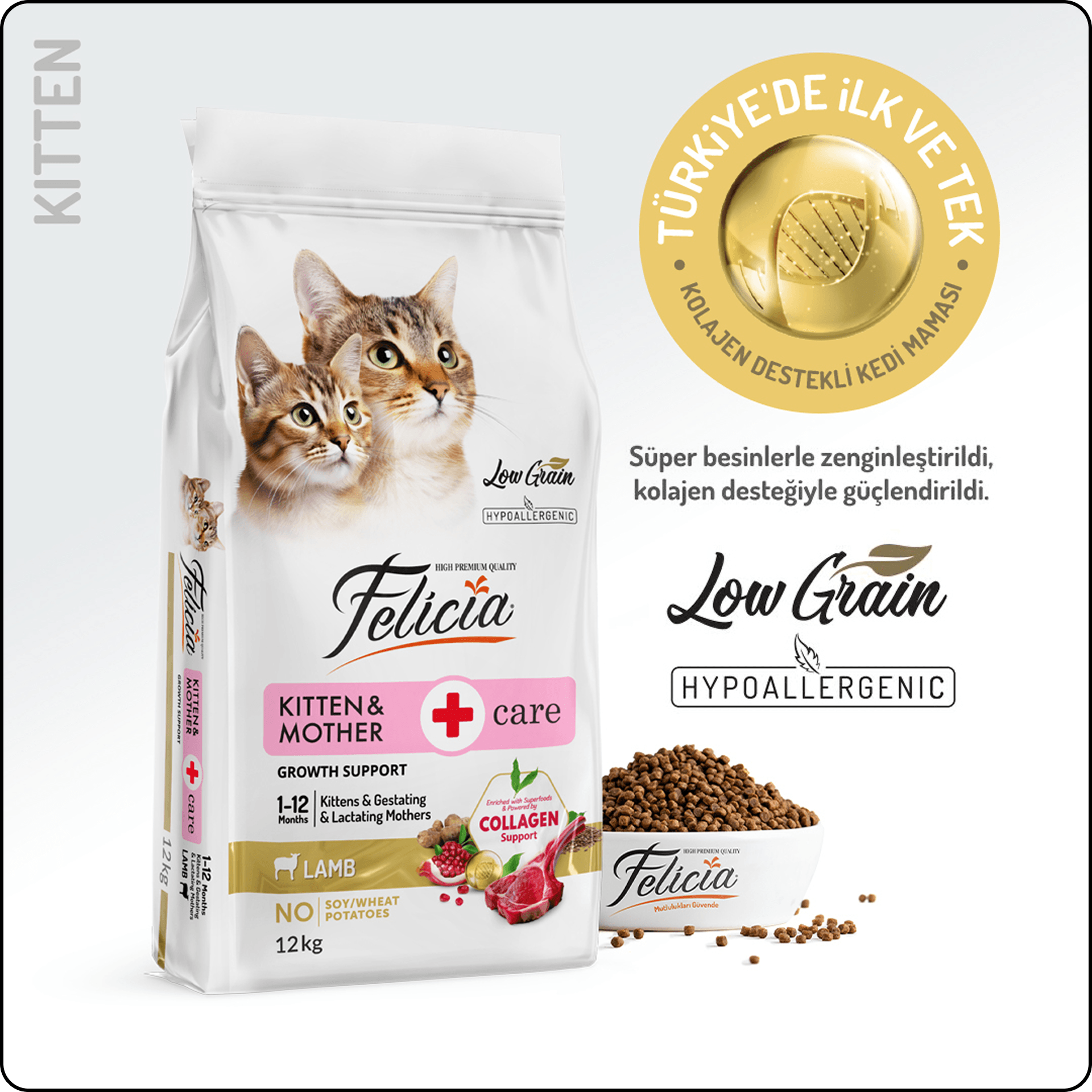 Felicia HypoAllergenic Kuzu Etli Düşük Tahıllı Yavru Kedi Maması 12 kg
