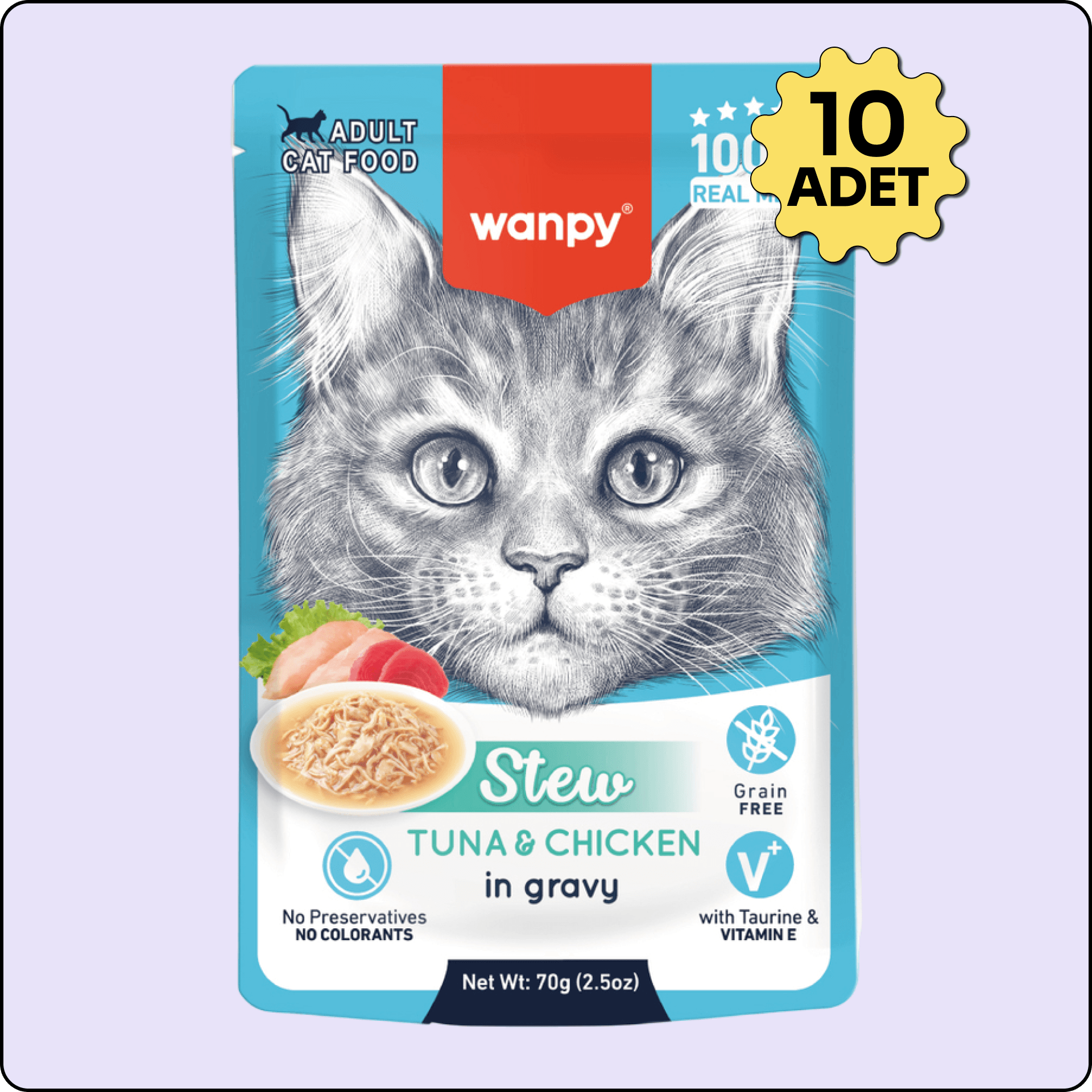 Wanpy Stew Sos İçinde Ton Balıklı ve Tavuklu Yetişkin Kedi Konservesi 70 gr 10'lu