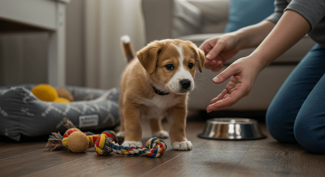 Yeni evine gelen yavru köpek, çevresini keşfederken meraklı ama temkinli bir şekilde duruyor.