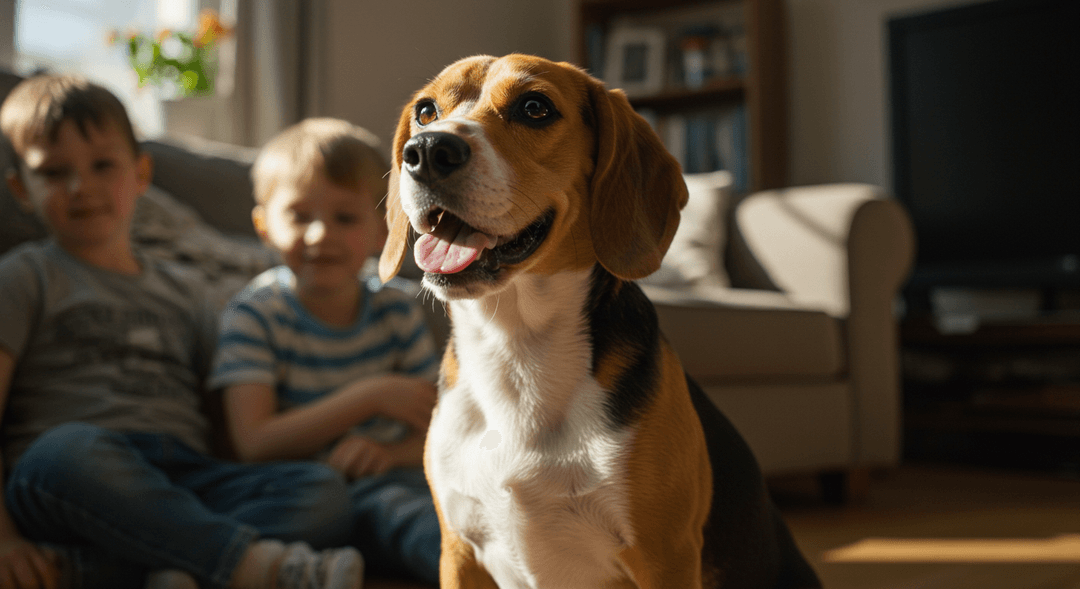 Güneş alan bir evde çocukla birlikte oturan enerjik ve sevimli Beagle köpeği, doğal ve sıcak aile ortamında.