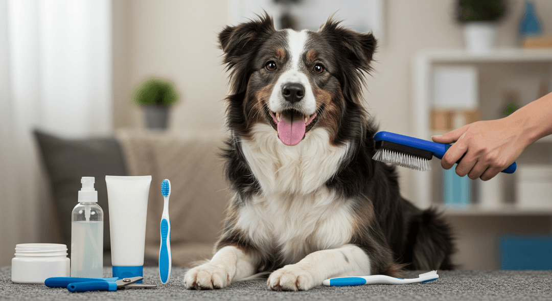 Bir Border Collie, düzenli tüy tarama ve bakım seansı sırasında sakin bir şekilde oturuyor.