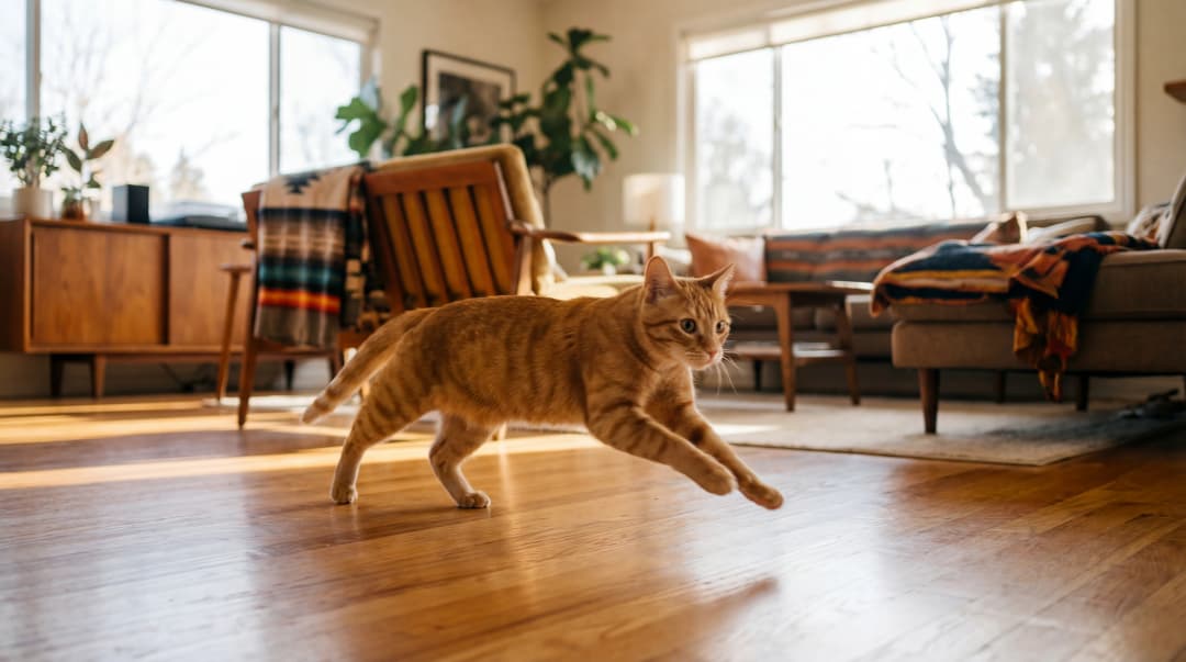 Evde hızla koşan turuncu tekir kedi