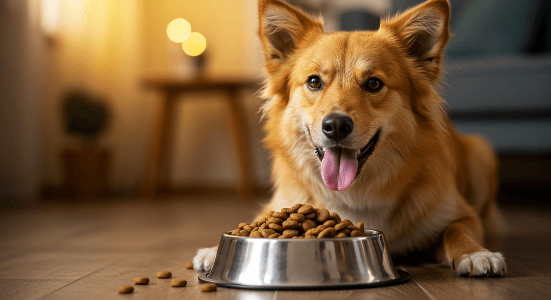 Bir köpek, taze ve kaliteli bir mama kasesinden keyifle yemek yerken, parlak tüyleri ve enerjik ifadesiyle sağlıklı ve mutlu bir yaşamı simgeliyor. Arka planda, köpeğin sağlığına ve taze beslenmeye verdiği önemin vurgulandığı sıcak, rahat bir ev ortamı bulunuyor. Bu sahne, doğru ve taze besinlerin köpeğin enerjisini artırdığı ve bağışıklık sistemini güçlendirdiğini yansıtıyor.