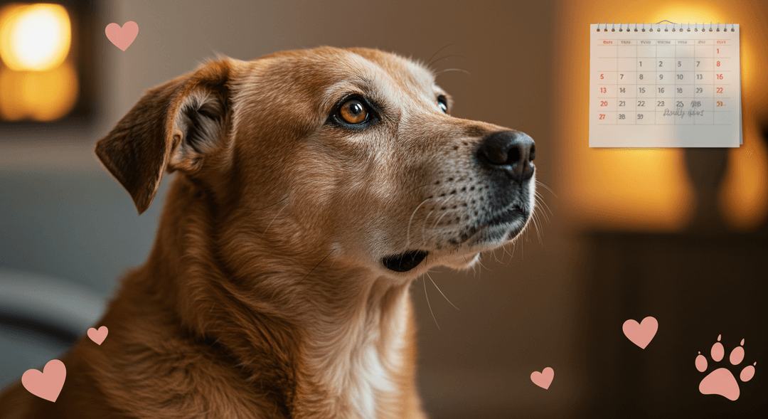 Takvim önünde oturan sağlıklı yaşlı köpek — yaş farkındalığını simgeleyen duygusal sahne