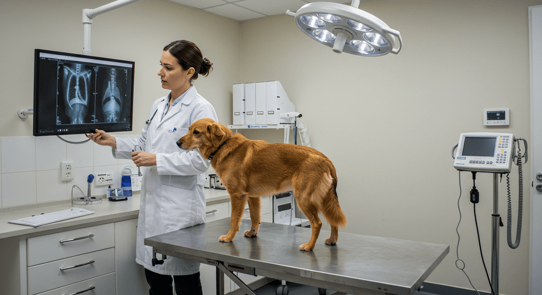 Veteriner kliniğinde masa üzerinde duran köpeğin röntgenini inceleyen veteriner hekimin yer aldığı profesyonel muayene ortamı.