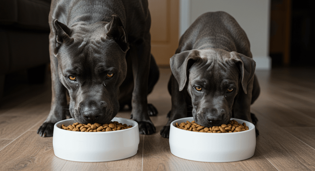 Yavru ve yetişkin iki Cane Corso köpeği, yan yana oturup beyaz mama kaplarından dolu dolu yüksek kaliteli mama yerken, sağlıklı ve enerjik görünüyor. Doğal ışıkla aydınlatılmış, rahat bir ev ortamında yemeklerini keyifle yiyorlar.