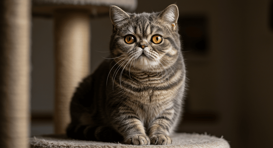 Kısa tüylü, büyük gözlü ve sevecen bakışlı Exotic Shorthair kedi, doğal ışıkta huzurlu bir iç mekânda oturuyor.