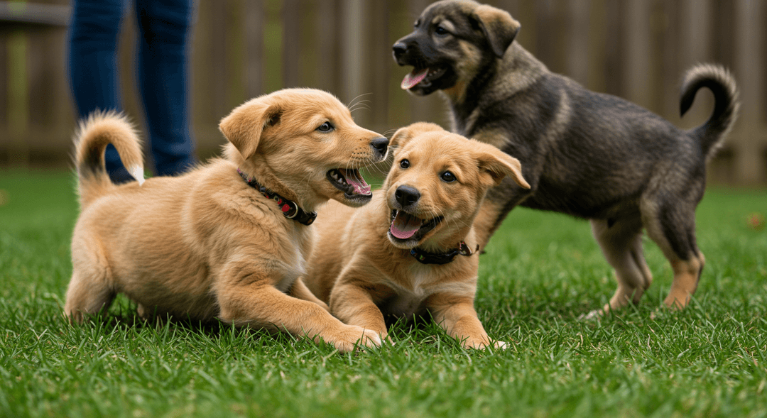 Sosyalizasyon dönemindeki bir yavru köpeğin, diğer yavrular ve insanlarla oyun oynadığı, sosyalleşmenin ve etkileşimin vurgulandığı neşeli açık hava sahnesi.