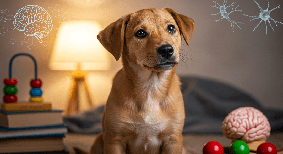 Yavru köpeğin beyin gelişimini simgeleyen oyuncaklar ve kitaplarla çevrili hali