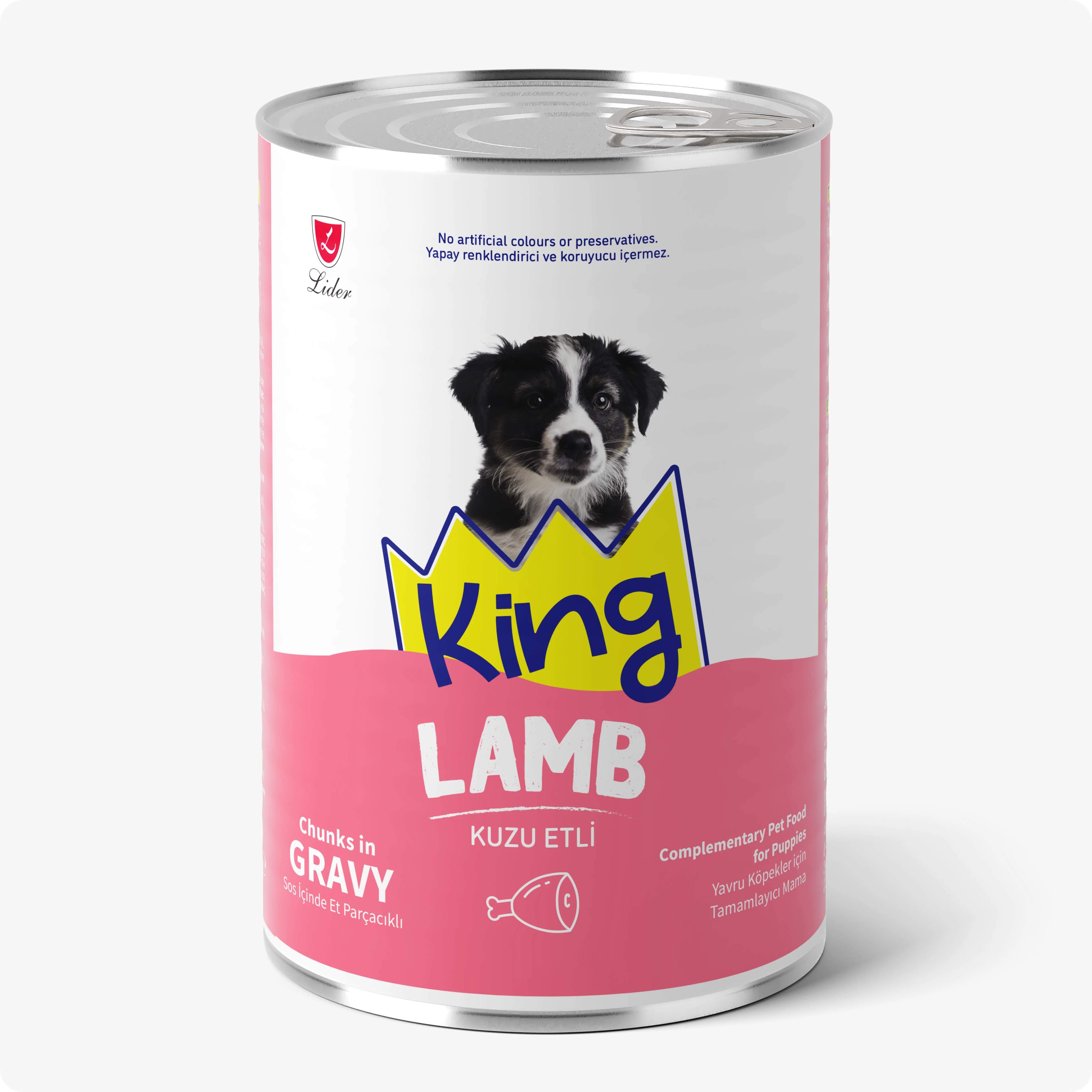 King Sos İçerisinde Et Parçacıklı Kuzu Etli Yavru Köpek Konservesi 400 gr