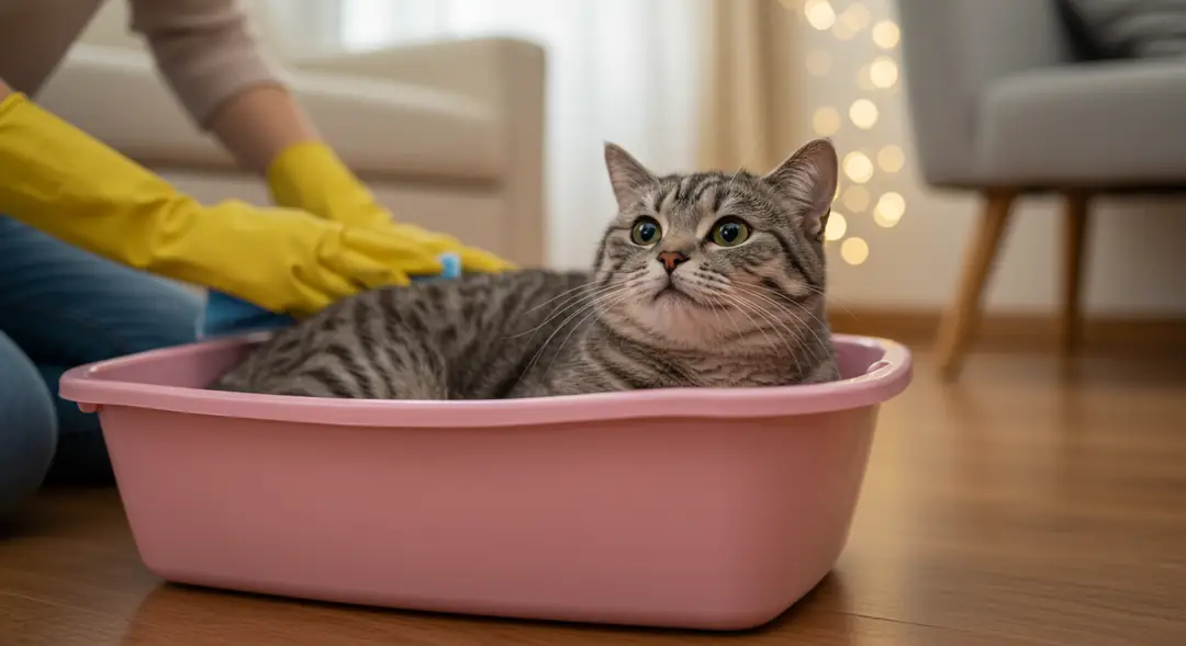 Mutlu kedi, pembe kedi kumu, sahibiyle temizlik, huzurlu ortam, kedinin bakımı ve rahatlığı.