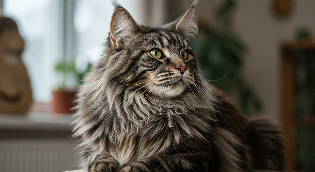 Heybetli bir Maine Coon kedisi, kabarık tüyleri ve büyük cüssesiyle vahşi bir vaşağı andırıyor