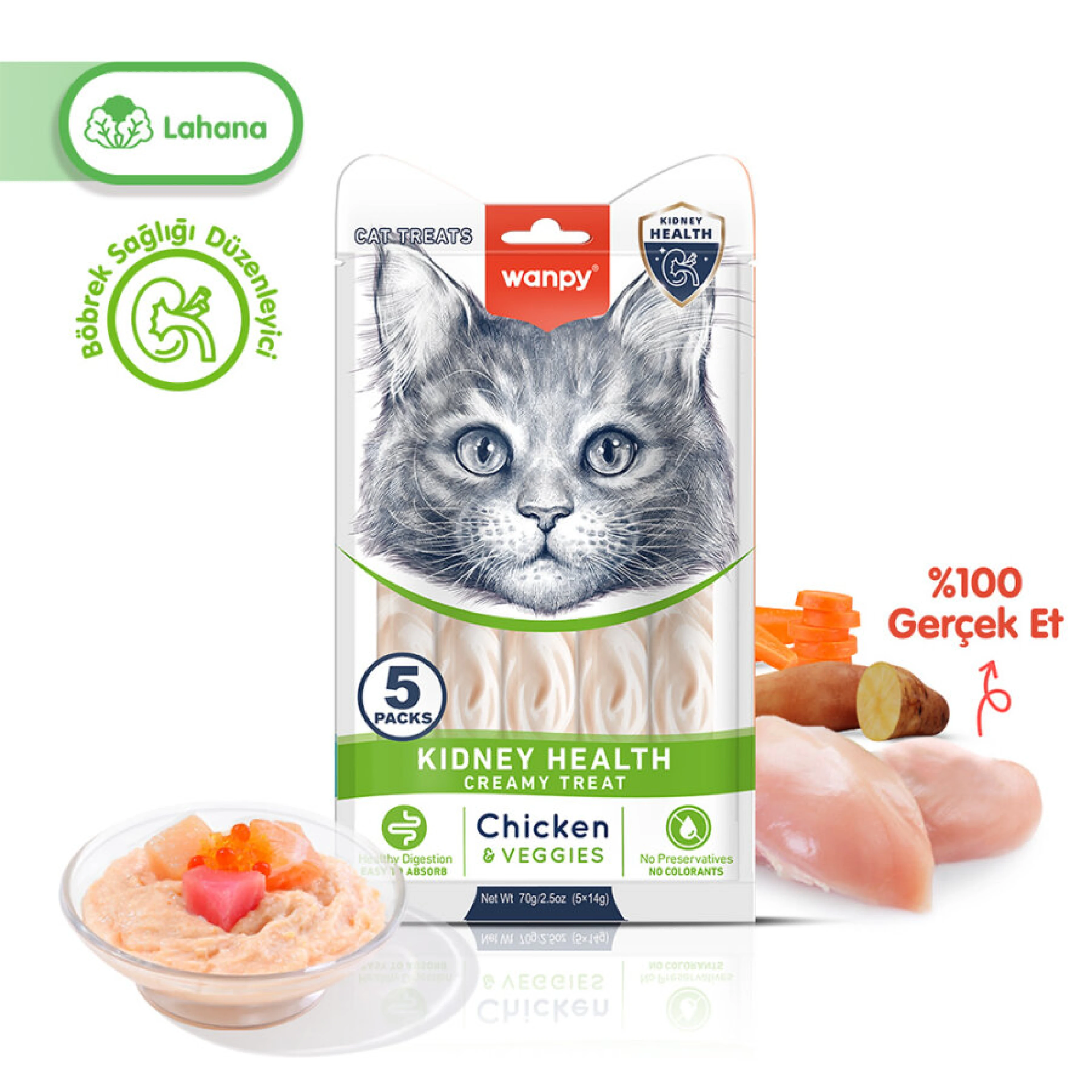 Wanpy Kidney Health Tavuklu ve Sebzeli Böbrek Sağlığı Desteği Krema Kedi Ödül Maması 14 gr (5'li)