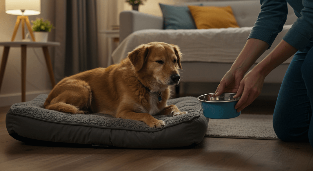 Bir köpek, yatmadan önce su içmekten kaçınıyor; rahat bir uyku çekmesi için su tüketimi sınırlandırılmış bir ortamda dinleniyor.