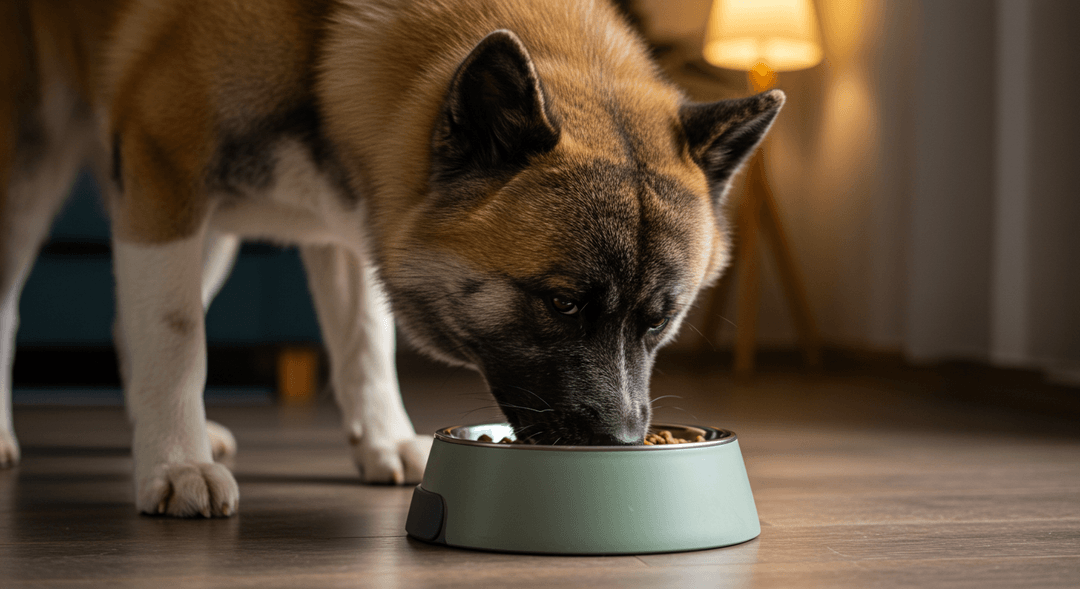 Güçlü ve odaklanmış bir Akita köpeği, şık ve modern bir mama kabından yemeğini yiyor. Kalın, kabarık tüyleri düzenli bir şekilde taranmış ve dikkatle bakarak her lokmayı keyifle yiyor. Sahne, sıcak bir iç mekan ortamında yumuşak ışıklarla aydınlatılmış, rahatlık ve huzur hissi yaratıyor. Akita'nın duruşu, hem disiplinli doğasını hem de hak edilmiş bir öğün için duyduğu sevgiyi yansıtıyor.