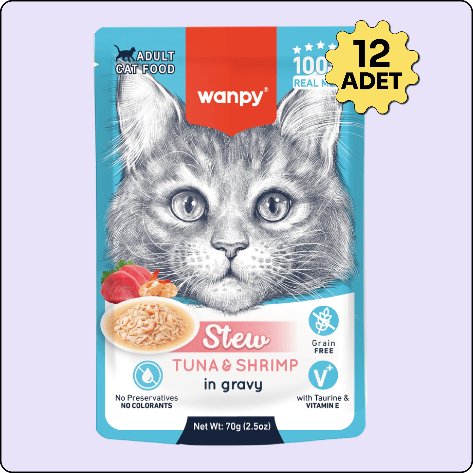 Wanpy Stew Sos İçinde Ton Balıklı ve Karidesli Yetişkin Kedi Konservesi 70 gr 10'lu