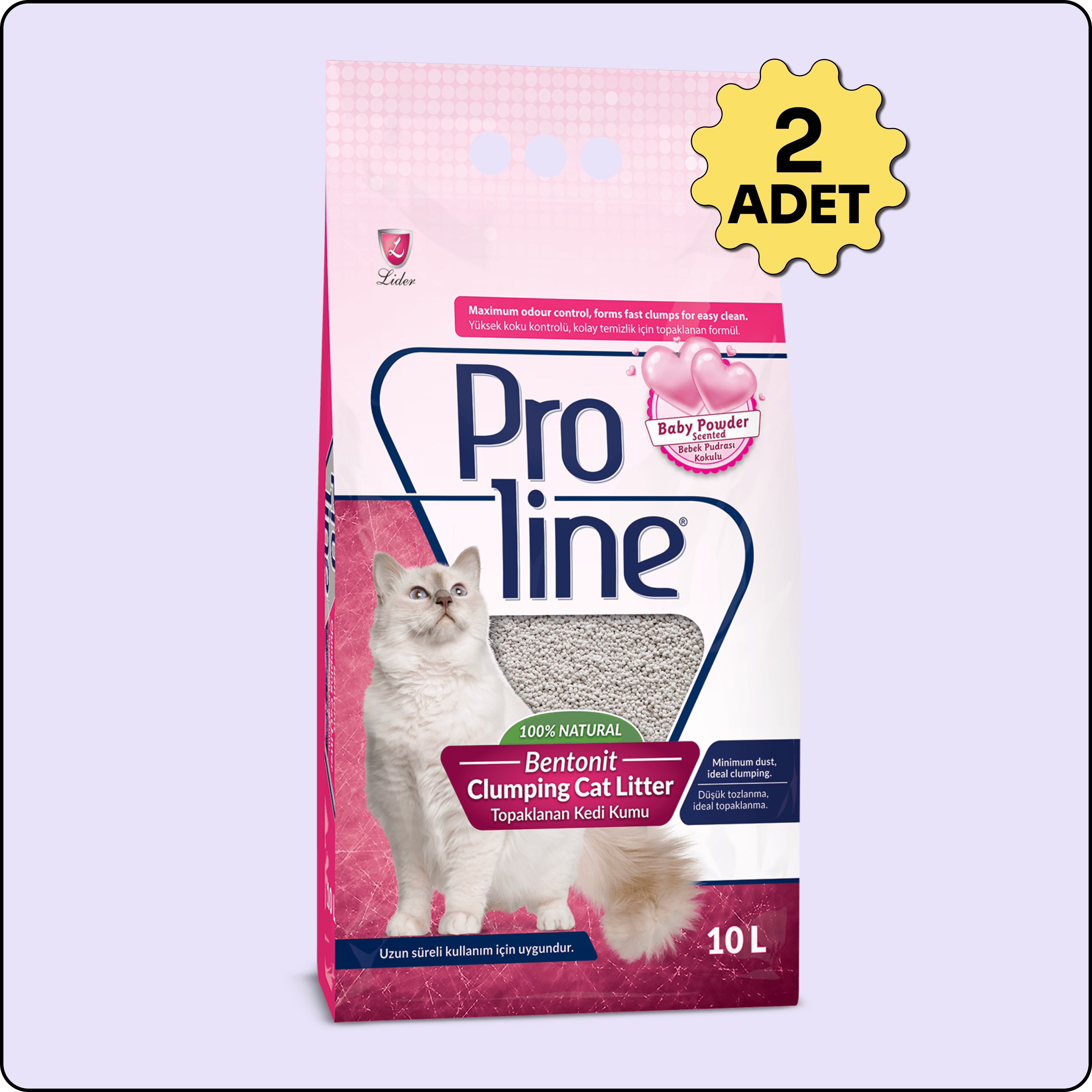 Proline Bentonit Topaklaşan Bebek Pudra Kokulu 10 Lt 2 Adet Kedi Kumu