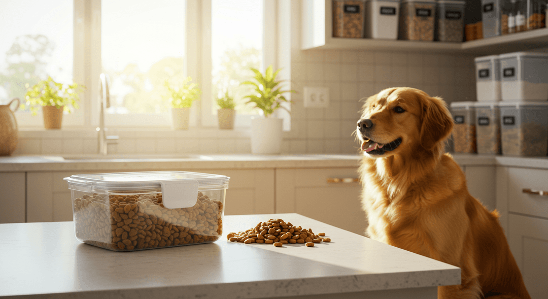 Köpek mamasının doğru saklanması: Hava geçirmez kapta muhafaza edilen kuru mama, serin ve kuru bir ortamda saklanıyor. Yanında mutlu bir köpek ve temiz bir mama kabı bulunuyor.