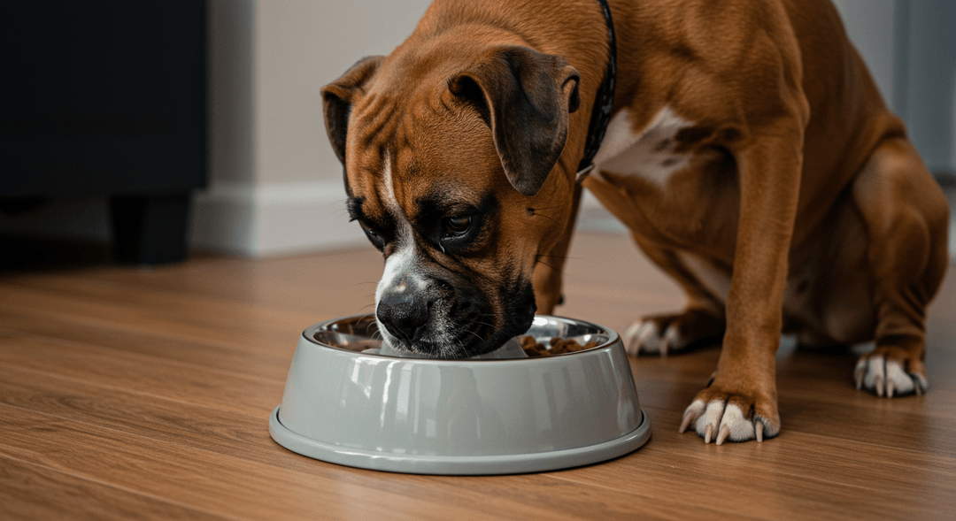 Yetişkin Boxer köpeği, dengeli kuru ve yaş mama ile yavaş besleme kabından sakin bir şekilde besleniyor.
