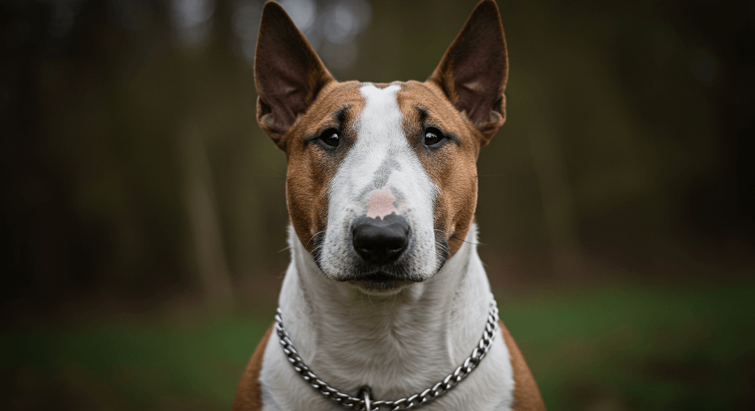 Yumurta şeklindeki kafası ve karizmatik bakışlarıyla Bull Terrier, kendine özgü ifadesiyle doğada duruyor.