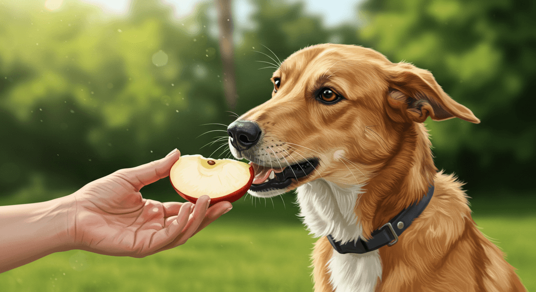 Gerçekçi 4K görüntü, köpeğin sahibinin elinden elma dilimi yemesi, doğal ışıkta ve detaylı tüylü.