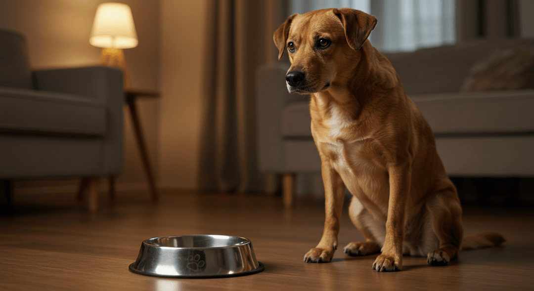 Köpeğin sağlıklı yaşam için su içmesi ve yeterli beslenmenin önemini vurgulayan bir ortamda yer alıyor.