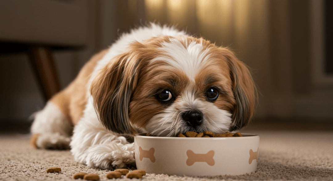 Shih Tzu köpeği, uzun ipeksi tüyleri ve büyük yuvarlak gözleriyle rahatça halının üzerinde oturup, mama kabından yemek yerken. Etrafında sıcak ışıklar ve etrafına dağılmış kuru köpek maması ile sıcak, ev ortamı.