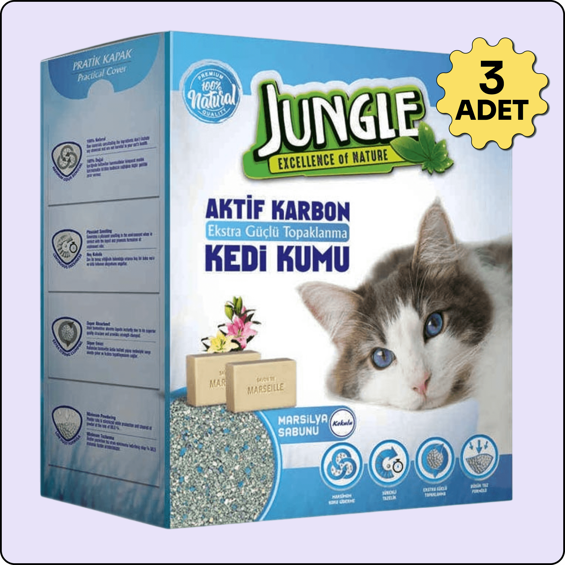 Jungle Aktif Karbonlu Ve Marsilya Sabunlu Kedi Kumu 6 lt 3'lü