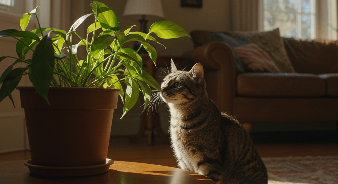 Güneş ışığı alan bir odada ev bitkisini koklayan meraklı kedi, doğal ve gerçekçi bir atmosferde.