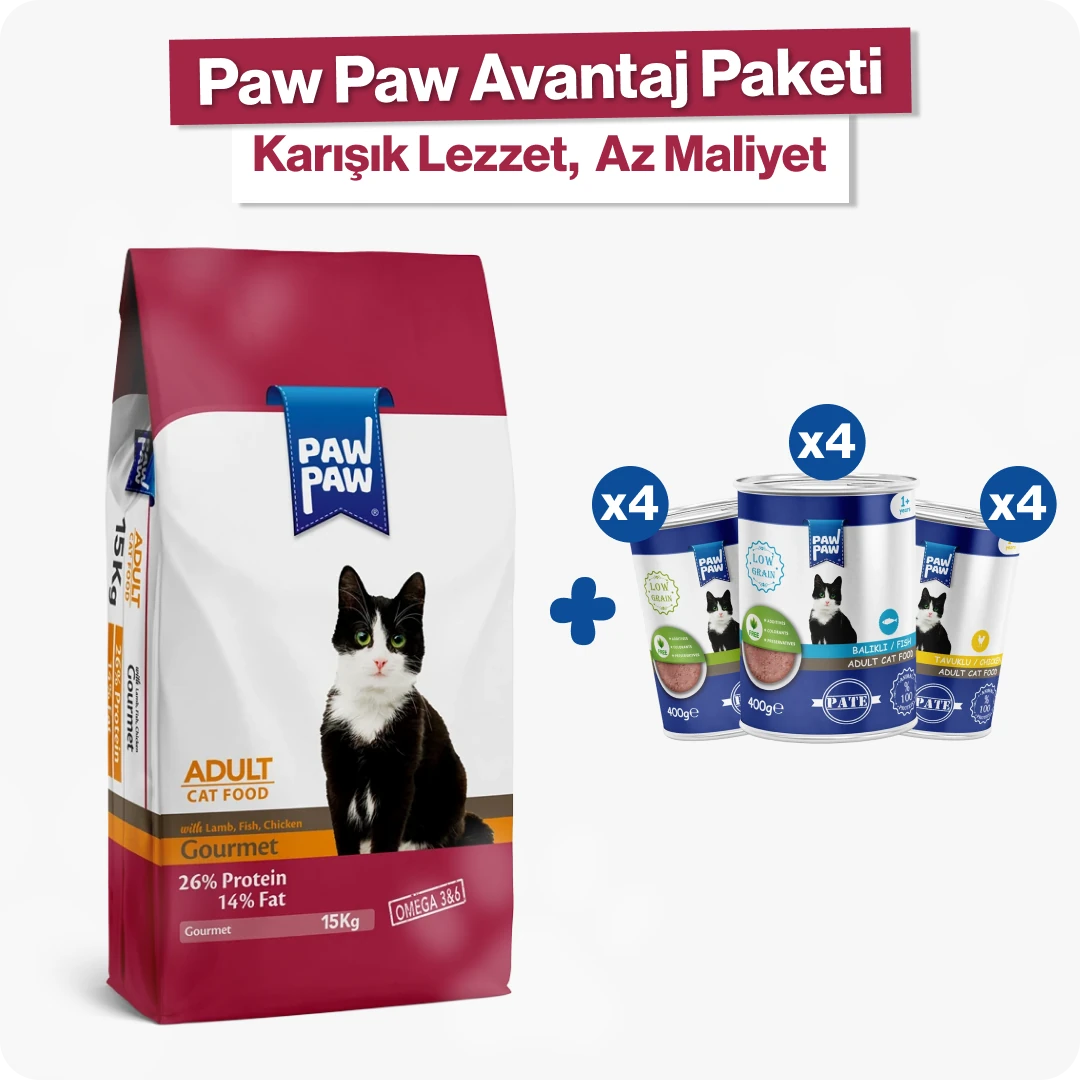 Paw Paw Gurme Yetişkin Kedi Maması + 12'li Konserve Ekonomik Paket