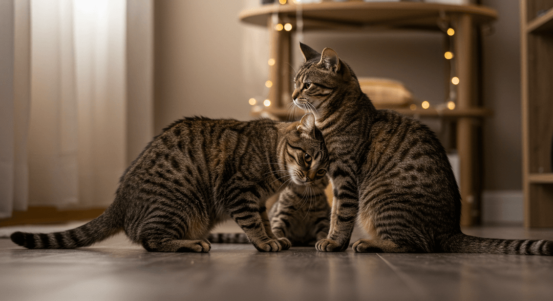 Kızgınlık dönemindeki dişi bir kedi kuyruk kaldırma ve sürtünme davranışı sergilerken, erkek kedi dikkatle yanında duruyor. Sıcak ve doğal ışıklandırılmış ev ortamında çekilmiş gerçekçi bir kare.