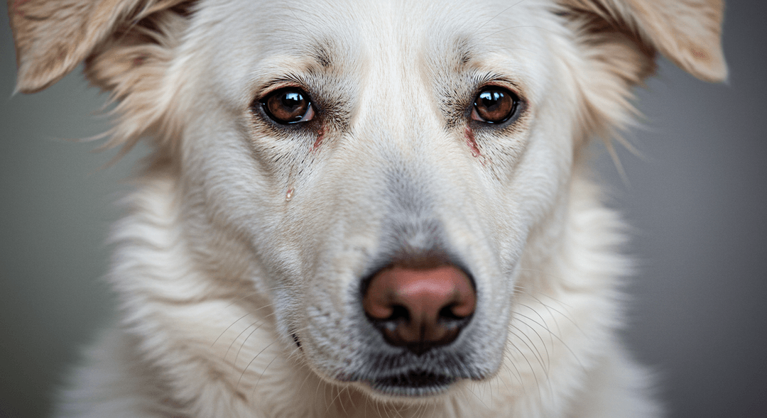 Beyaz veya açık renk tüylü köpeğin gözlerinin altında görünen kırmızımsı kahverengi gözyaşı lekeleri ile yakın çekim portresi. Köpek sakin ama hafif endişeli görünüyor. Arka plan yumuşak ve nötr, köpeğin yüz hatları ve gözyaşı lekeleri öne çıkarılmış