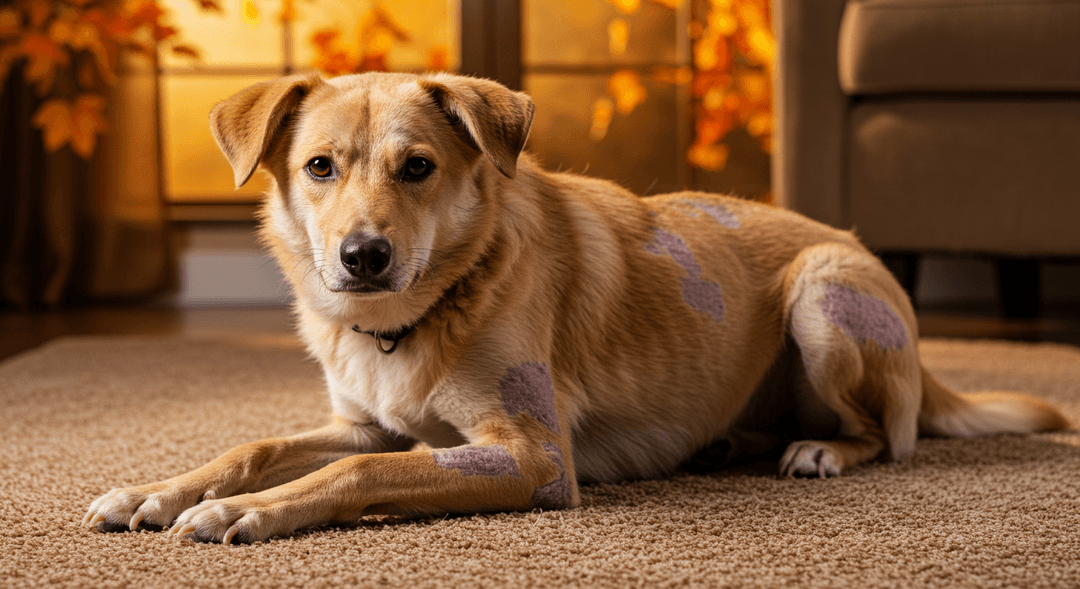 Bazı bölgelerinde düzensiz tüy dökülmesi görülen, orta boy bir köpek halının üzerinde yatıyor. Arka planda mevsimsel dökülmeye gönderme yapan sıcak bir iç mekân yer alıyor.