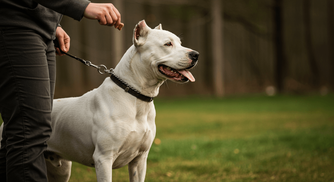 Bir eğitim seansında kendinden emin bir Dogo Arjantin köpeği, sakin bir dış mekan ortamında sahibiyle birlikte duruyor. Köpek, güçlü, kaslı yapısı, kısa beyaz tüyleri ve dikkatli, zeki ifadesiyle dikkat çekiyor. Sahibi, olumlu pekiştirme kullanarak iyi davranışları ödüllendiriyor. Arka planda, yumuşak güneş ışığı altında çimenlik bir alan, köpek ile sahibi arasındaki bağı vurguluyor